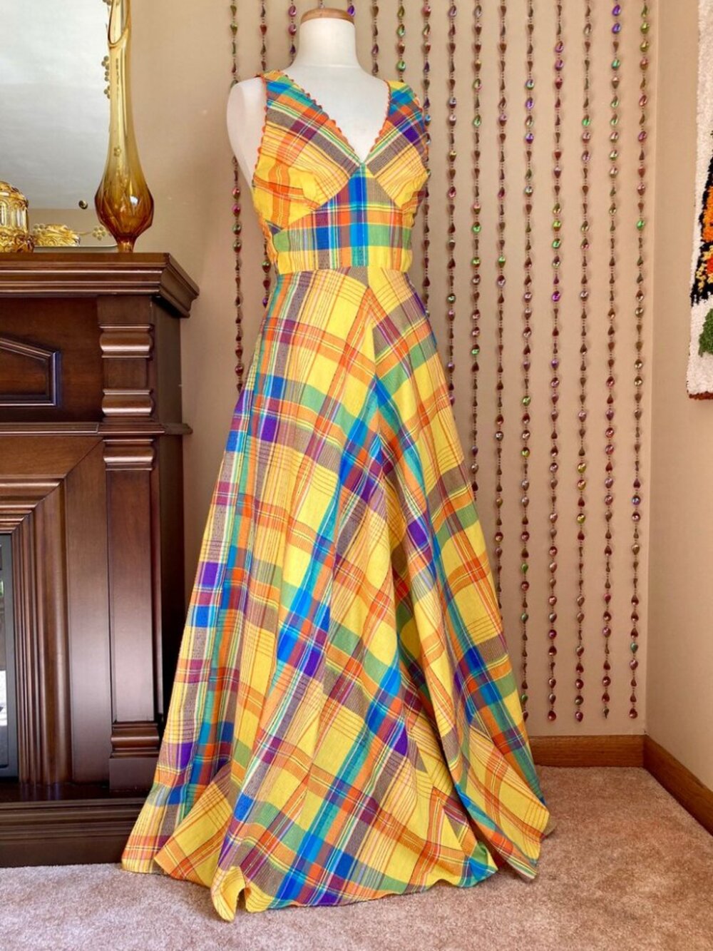 Vintage Halter Plaid Maxi Dress